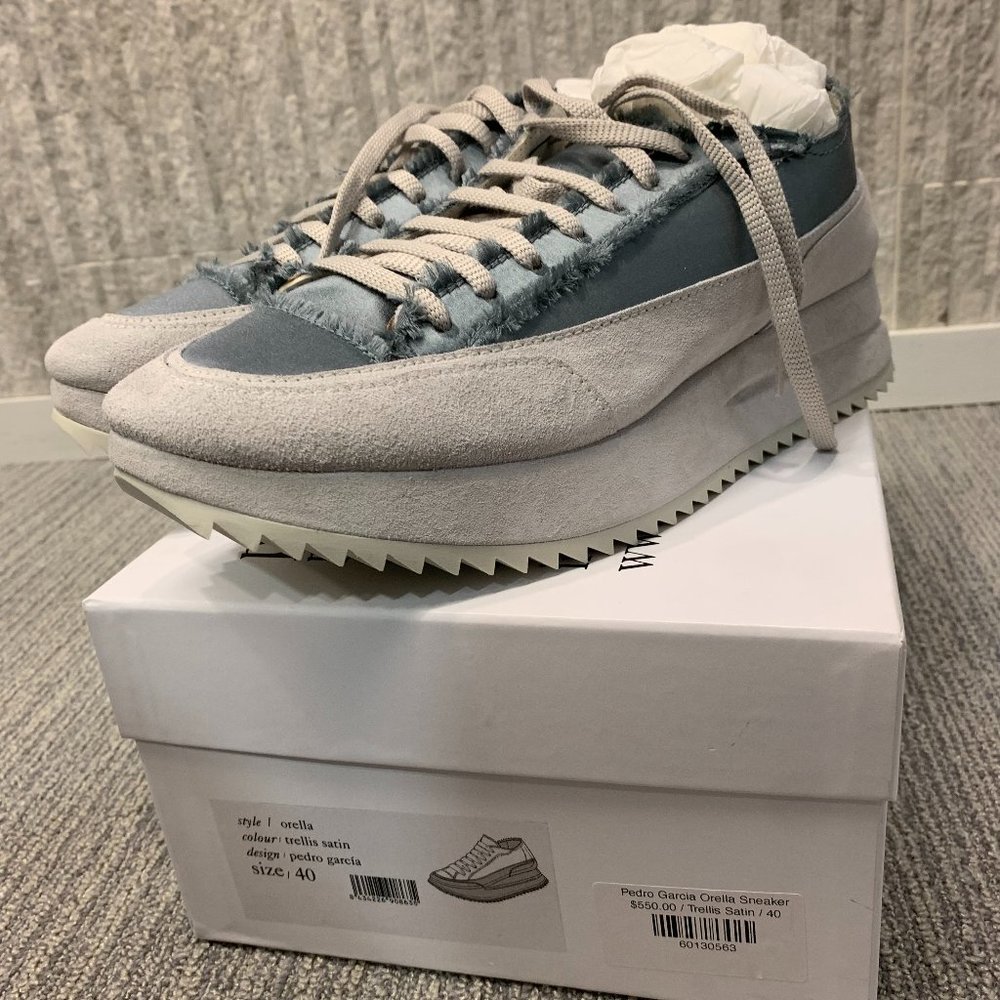 Pedro Garcia Orella Sneaker, Trellis Satin/ Blue & Gray, Size 40